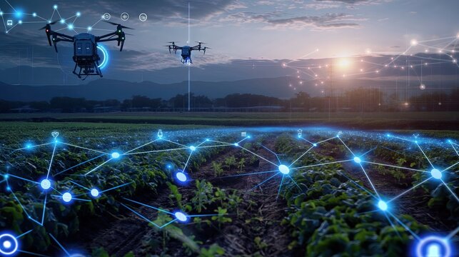 A landscape of vast crop field with drones flying collecting data from smart sensors in field to monitor crops health, data and analysis diagram hologram overlays, concept of high-tech agriculture