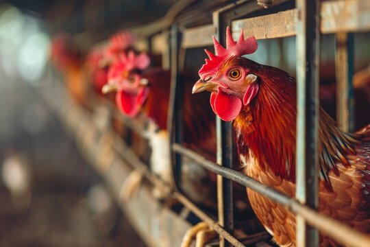 Close-up of chickens in a poultry farm. The hens are inside cages, with a focused shot highlighting their vibrant red wattles and combs.