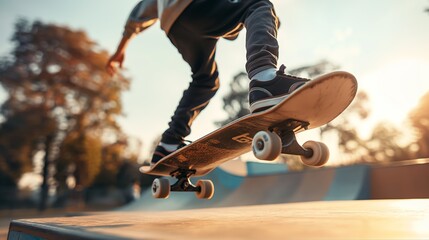 Action focused on a skateboarder's feet during a trick in a skatepark, capturing the essence of street sports
