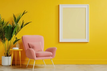Close-up layout of poster frame in empty interior, 3d visualization, Lemon Yellow background