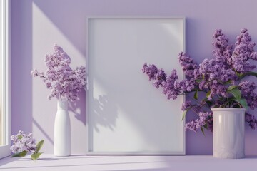 Close-up layout of poster frame in empty interior, 3d visualization, Lilac background.