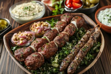 Various Turkish dishes: meat kebab with tabbouleh salad, falafel, hummus, olives, pistachios and other Middle Eastern meze on wooden table top view. Ethnic arab food, cuisine of Turkey