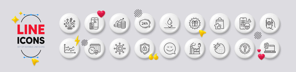 Contactless payment, Computer fingerprint and Growth chart line icons. White buttons 3d icons. Pack of Cyber attack, Loyalty points, Headhunter icon. Vector