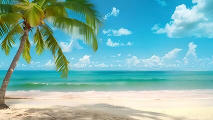 A serene tropical beach with a palm tree, blue sky, and clear water