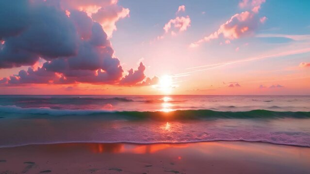 A tranquil beach sunset with vibrant colors reflecting on the water