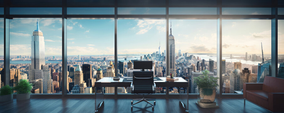 Modern Office Interior Overlooking a Stunning Cityscape - Powered by Adobe