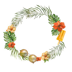 Wreath Frame Made of Bright Green Tropical Leaves. Palm and Monstera leave, Bright Hibiscus Flowers. Watercolor illustration. For Design Travel Agency Logos, Summer Accessories, Textiles