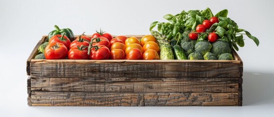 A wooden crate filled with an assortment of fresh vegetables, including tomatoes, bell peppers, cucumbers, and leafy greens on a white background.