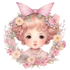 Fototapeta premium A cute girl pastel flower wreath, watercolor painting texture, Perfect for nursery art and children's book illustration style