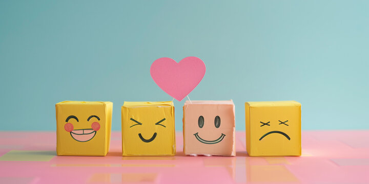 Customer Satisfaction: valutazione del cliente. Sondaggio di soddisfazione. Cubetti con faccine per la customer satisfaction.