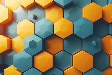 Obraz premium A vibrant, geometric pattern with interconnected yellow and blue hexagons creating a dynamic and visually engaging background.