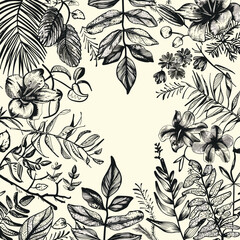 Fototapeta premium Botanical patterns frame tropical plants leaves flowers. Vintage style flora illustration exotic nature design beige background. Tropical foliage sketch leaf flower drawing decorative border