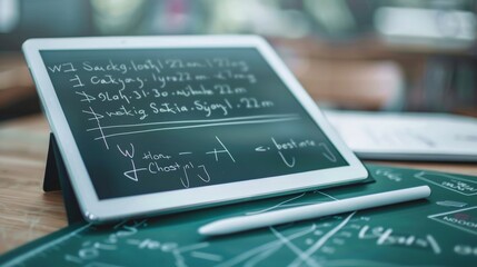 A digital tablet featuring an interactive algebraic equation on the screen, with a stylus placed beside it, highlighting modern educational tools.