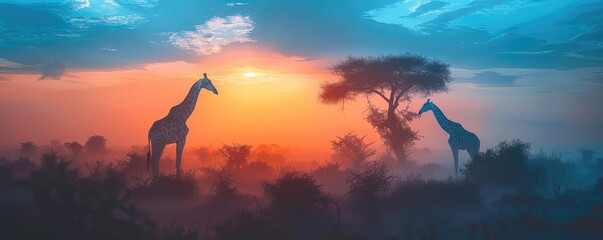 Obraz premium Giraffes in wildlife sanctuary, open savanna, acacia trees close up, focus on, copy space Double exposure silhouette with African landscape