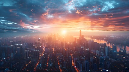 Obraz premium Panoramic Futuristic City Skyline at Dawn with Flying Cars
