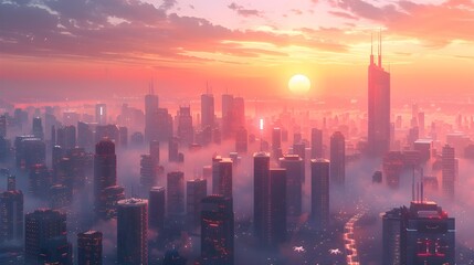 Fototapeta premium Panoramic View of Futuristic City with High Rise Buildings and Flying Cars at Dawn