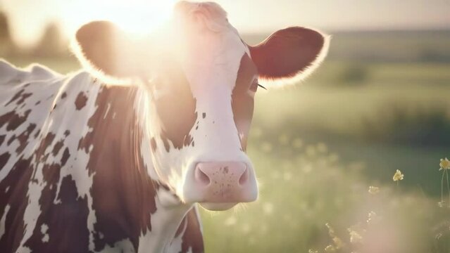 Domestic cow in pasture in green field nature landscape -- 4k new stock video footage animation design AI