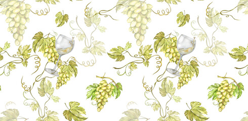 Seamless Pattern Yellow Grape Bunches, Vine, Berries, Leaves, Glass of White Wine. For Menus, Recipes, Wine and Juice Labels, Business Cards, Postcards, Invitations, Package