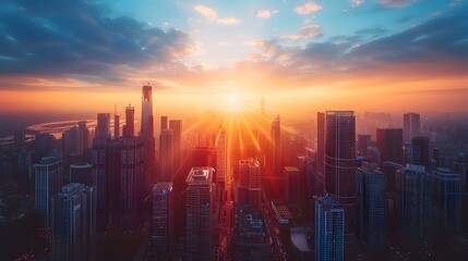 Obraz premium Stunning Aerial Cityscape at SunriseSunset with Towering Skyscrapers