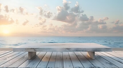 Minimalist Wooden Table with Tranquil Beach Sunset Backdrop for Product Mockup