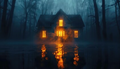 Haunted house, spooky decor, eerie lighting close up, focus on, copy space, dark and mysterious, Double exposure silhouette with ghosts