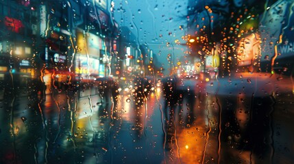 A rain-soaked window reflecting the blurred lights of a bustling city at night.