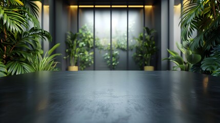 Sophisticated Modern Black Table with Elegant Office Backdrop for Displaying Business Tech Products