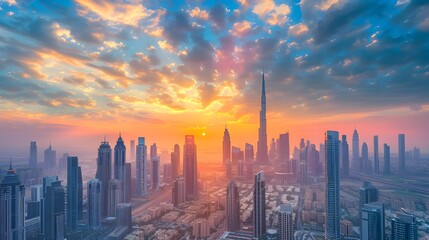 Obraz premium Majestic Cityscape at Vibrant Sunset with Towering Skyscrapers and Dramatic Sky