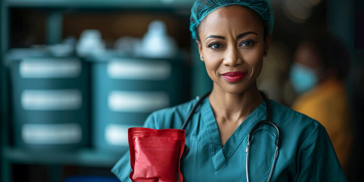 African American nurse holding medical bag in hospital setting. World Blood Donor Day.