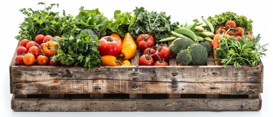 A rustic wooden crate filled with fresh, colorful vegetables including tomatoes, bell peppers, kale, cucumbers, and broccoli on a white background.
