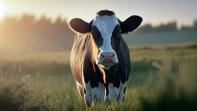 Domestic cow in pasture in green field nature landscape -- 4k new stock video footage animation design AI