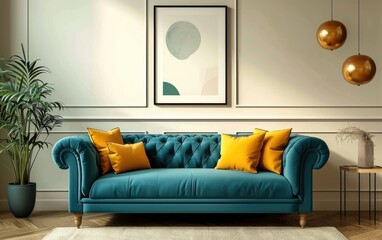 Trendy living room design highlighting a green toned sofa with cozy yellow pillows near the table and a palm tree in a pot, an abstract picture frame on a beige wall background