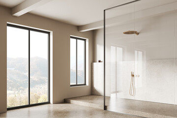 Cozy hotel bathroom interior with glass shower, accessories and panoramic window