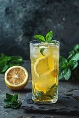Fototapeta premium Cocktail Lemonade with lemon and mint in a highball glass on a dark stone background