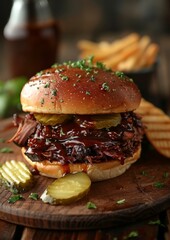 Pulled Pork Sandwich - Pulled pork in a soft bun with BBQ sauce and pickles. 