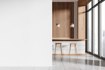 Wooden coffee shop interior with chairs and table, window. Mockup wall