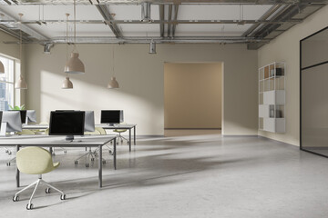 Stylish office room interior with coworking and business room with window