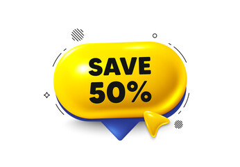 Offer speech bubble 3d icon. Save 50 percent off tag. Sale Discount offer price sign. Special offer symbol. Discount chat offer. Speech bubble cursor banner. Text box balloon. Vector