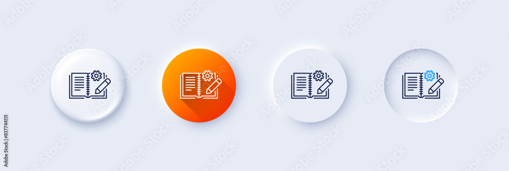 Poster engineering documentation line icon. neumorphic, orange gradient, 3d pin buttons. technical instruct