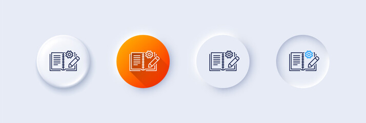 Engineering documentation line icon. Neumorphic, Orange gradient, 3d pin buttons. Technical instruction sign. Line icons. Neumorphic buttons with outline signs. Vector