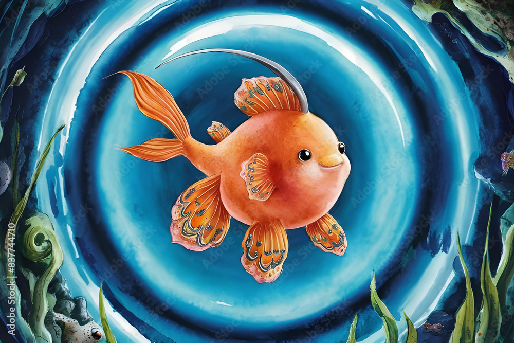 Wall mural cute orange balloon molly fish swordtail on blue circle round , water color style