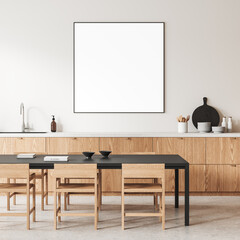 Home kitchen interior with cooking cabinet and dinner table. Mockup poster