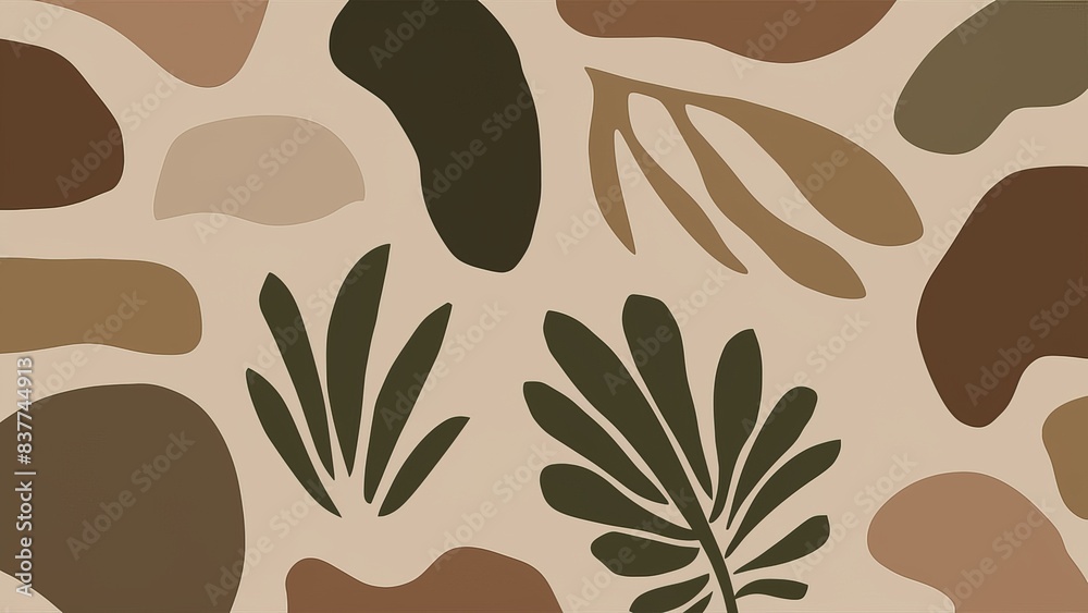 Canvas Prints Abstract Botanical Pattern with Earth Tones Featuring Leaves and Organic Shapes on a Beige backdrop