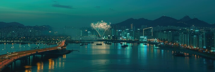 Naklejka premium Fireworks Over City Skyline at Night Panorama