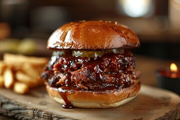 Pulled Pork Sandwich - Pulled pork in a soft bun with BBQ sauce and pickles. 