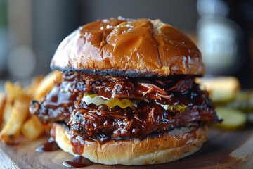 Pulled Pork Sandwich - Pulled pork in a soft bun with BBQ sauce and pickles. 