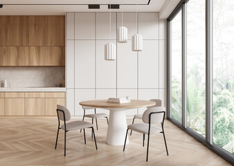 Modern kitchen with wooden cabinets and dining area, minimalist style, large window, home interior.  3D Rendering