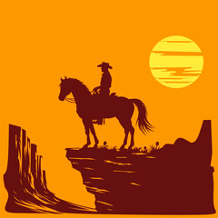 silhouette of a cowboy riding a horse on top of a cliff at the orange sunset. Western desert landscape vector illustration