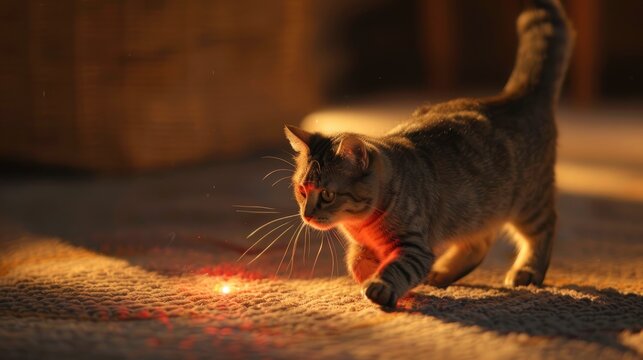 A playful cat chases a laser pointer's elusive red dot, tail swishing in anticipation.