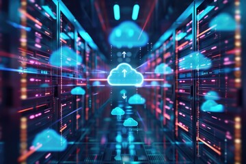 Cloud storage technology, with arrows indicating data transfer for downloading and uploading files to a secure online server.
